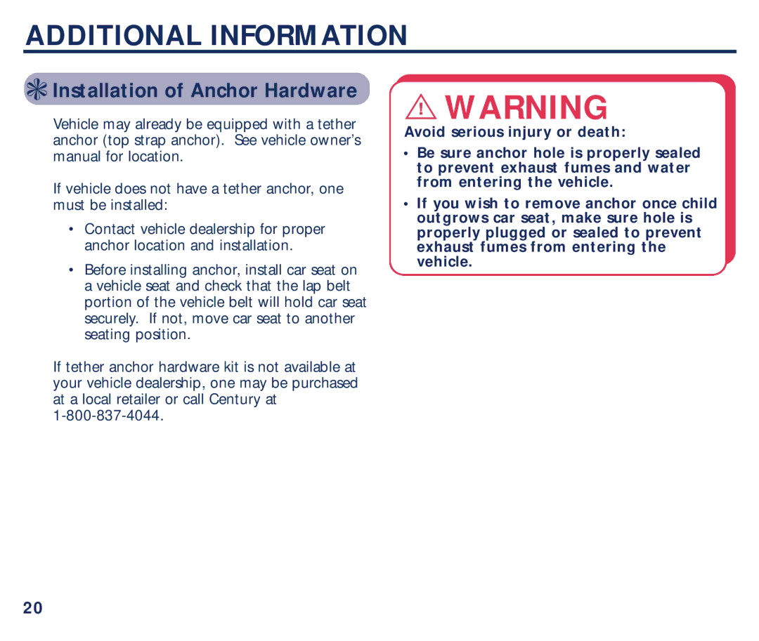 Century 45100 manual Additional Information, Installation of Anchor Hardware 