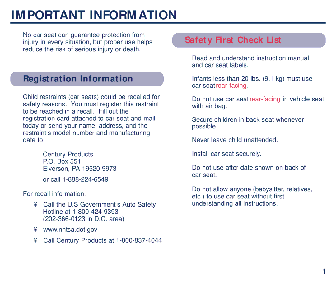 Century 45100 manual Important Information, Registration Information 