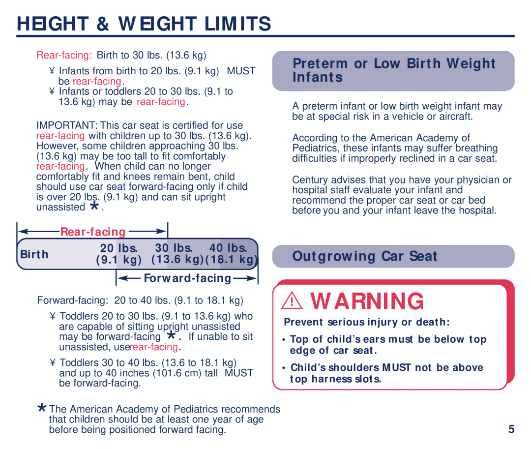 Century 45100 manual Height & Weight Limits, Preterm or Low Birth Weight Infants, Outgrowing Car Seat 