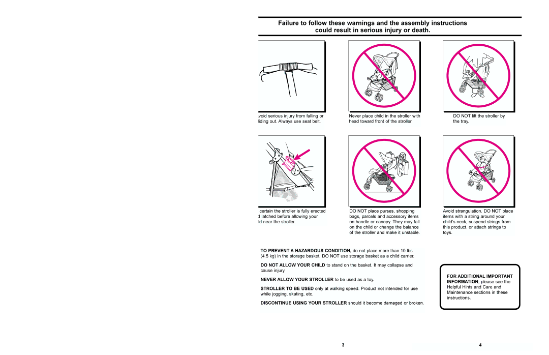 Century 6901, 6942 manual Never Allow Your Stroller to be used as a toy 