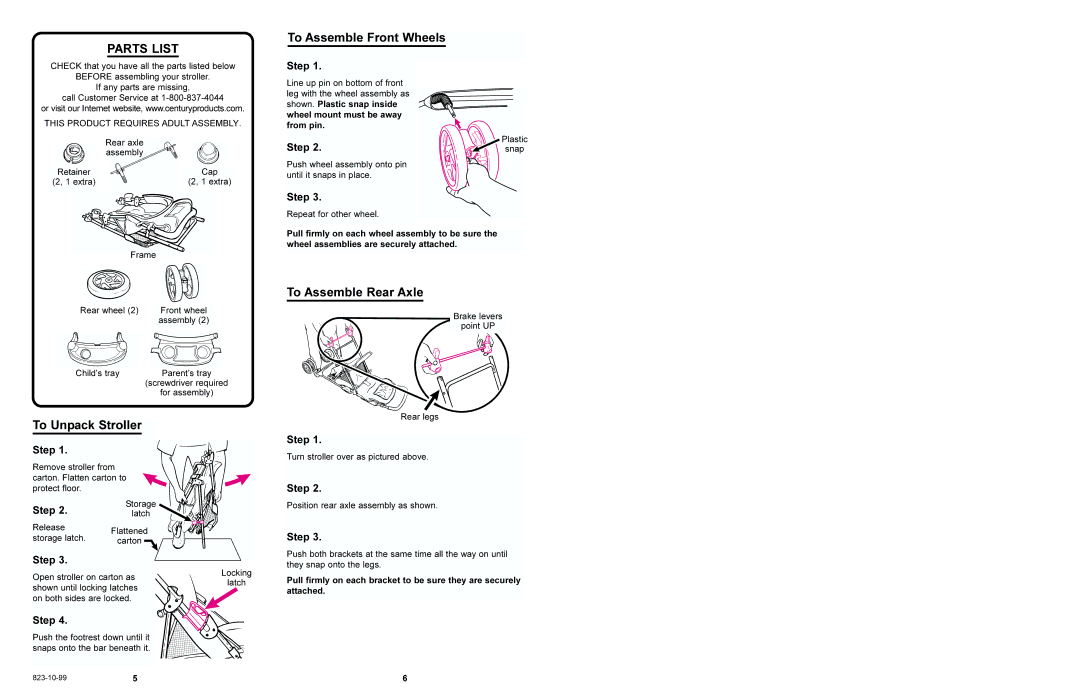 Century 6942, 6901 manual Parts List, To Assemble Front Wheels, To Unpack Stroller, To Assemble Rear Axle, Step 