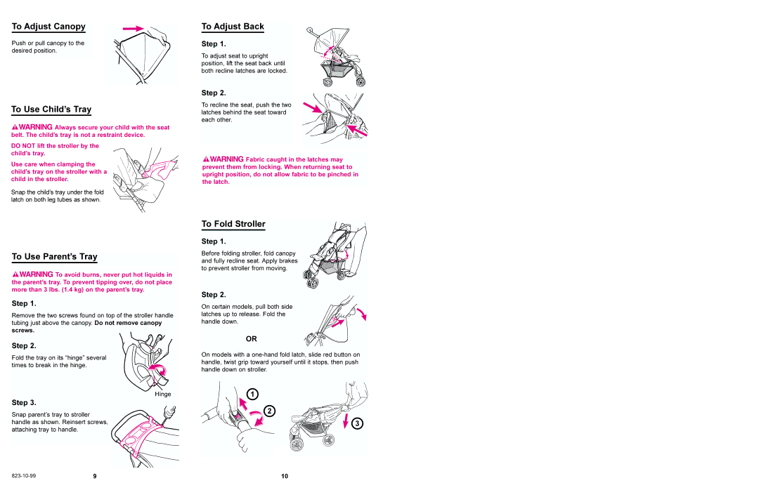 Century 6942, 6901 manual To Adjust Canopy, To Use Child’s Tray, To Use Parent’s Tray, To Adjust Back, To Fold Stroller 