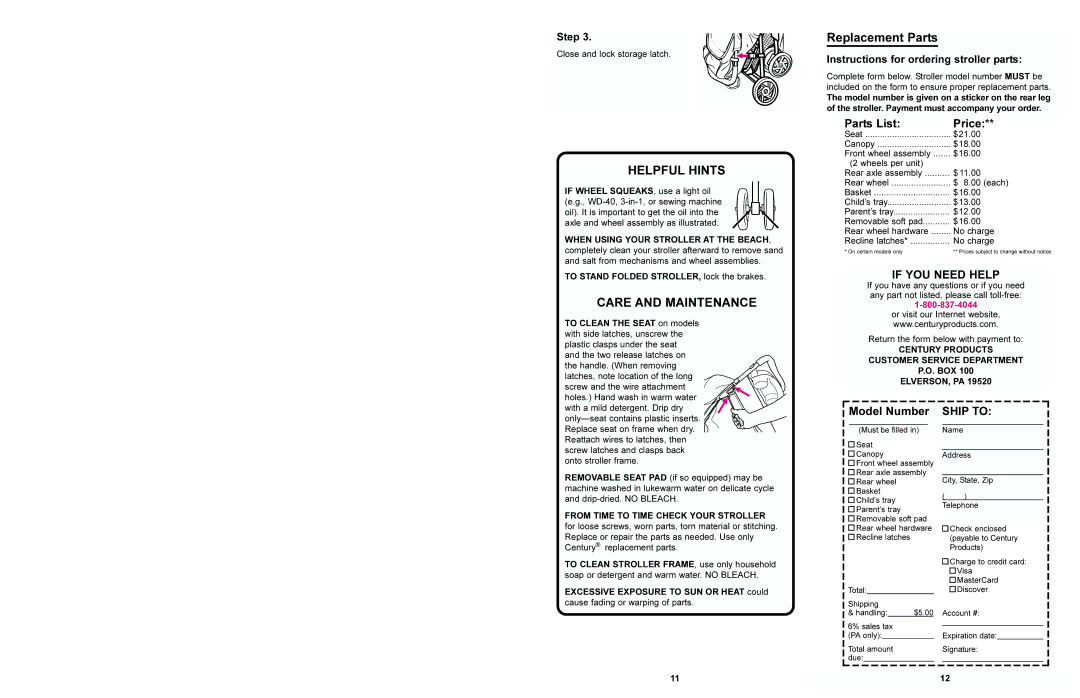 Century 6901, 6942 manual Helpful Hints, Care and Maintenance, Replacement Parts, Parts List Price, Model Number Ship to 