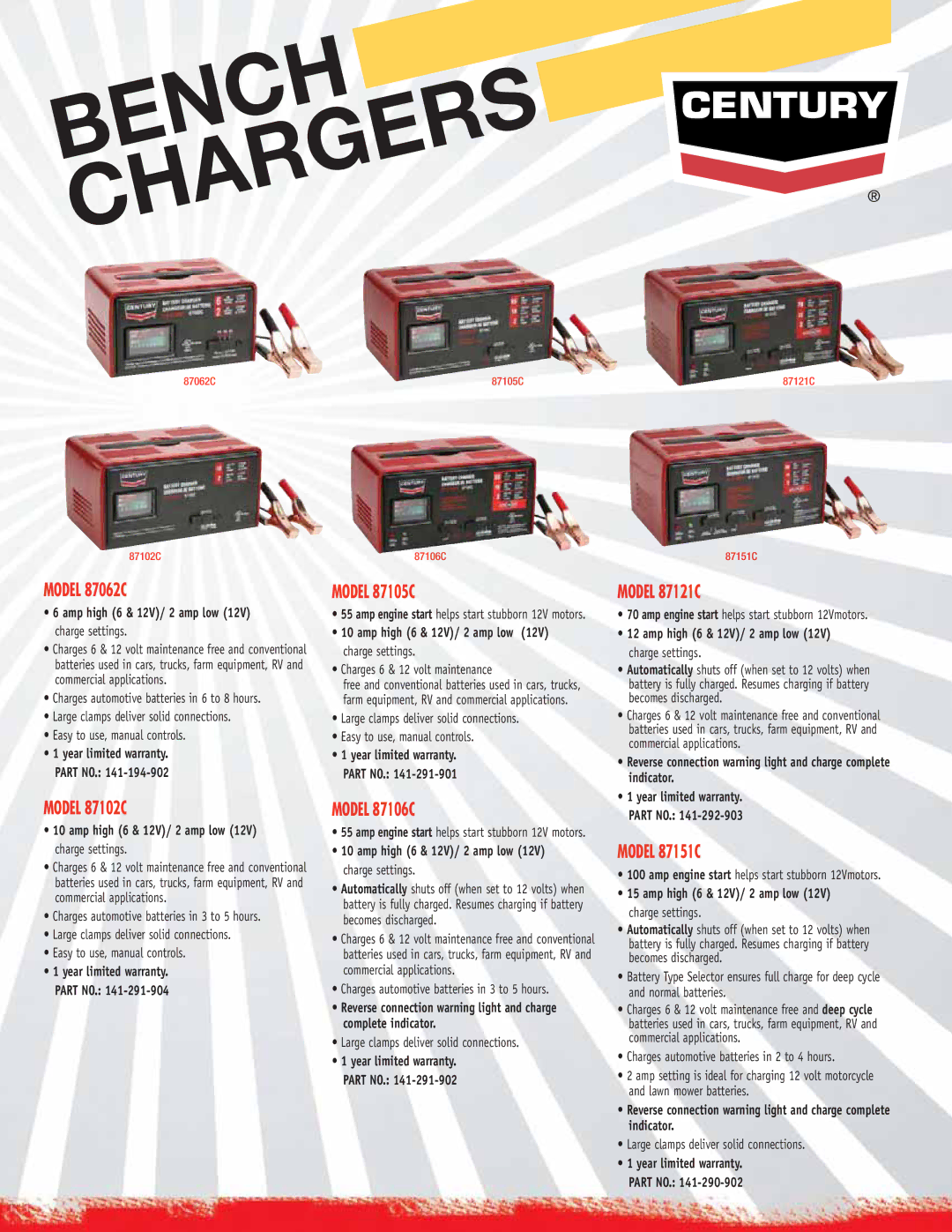 Century 87001 manual Bench Chargers 