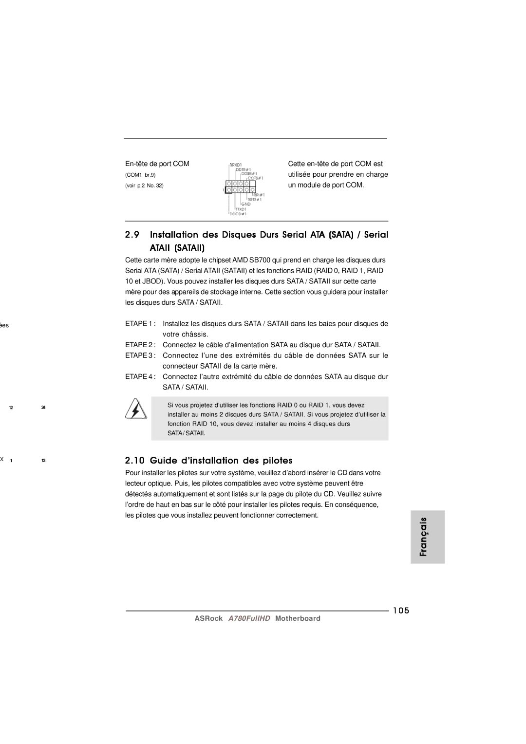 Century A780FULLHD Installation des Disques Durs Serial ATA Sata / Serial, Guide d’installation des pilotes, 105 