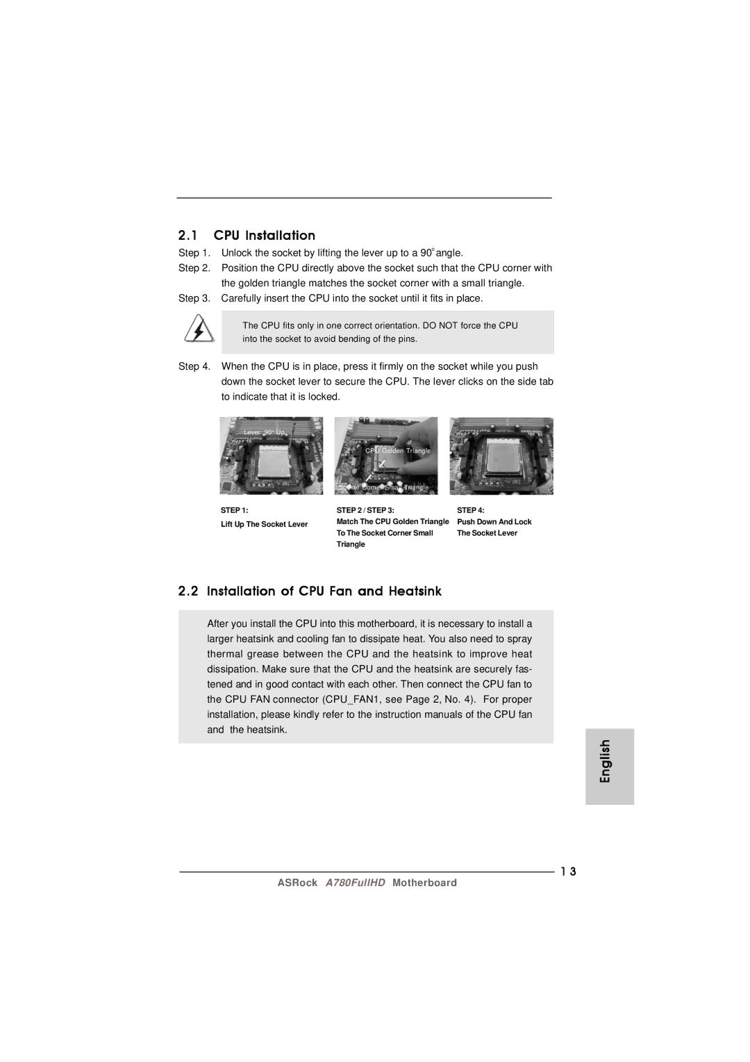 Century A780FULLHD specifications CPU Installation, Installation of CPU Fan and Heatsink English 