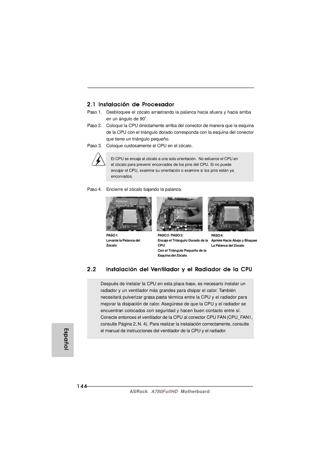 Century A780FULLHD Español Instalación de Procesador, Instalación del Ventilador y el Radiador de la CPU, 144 