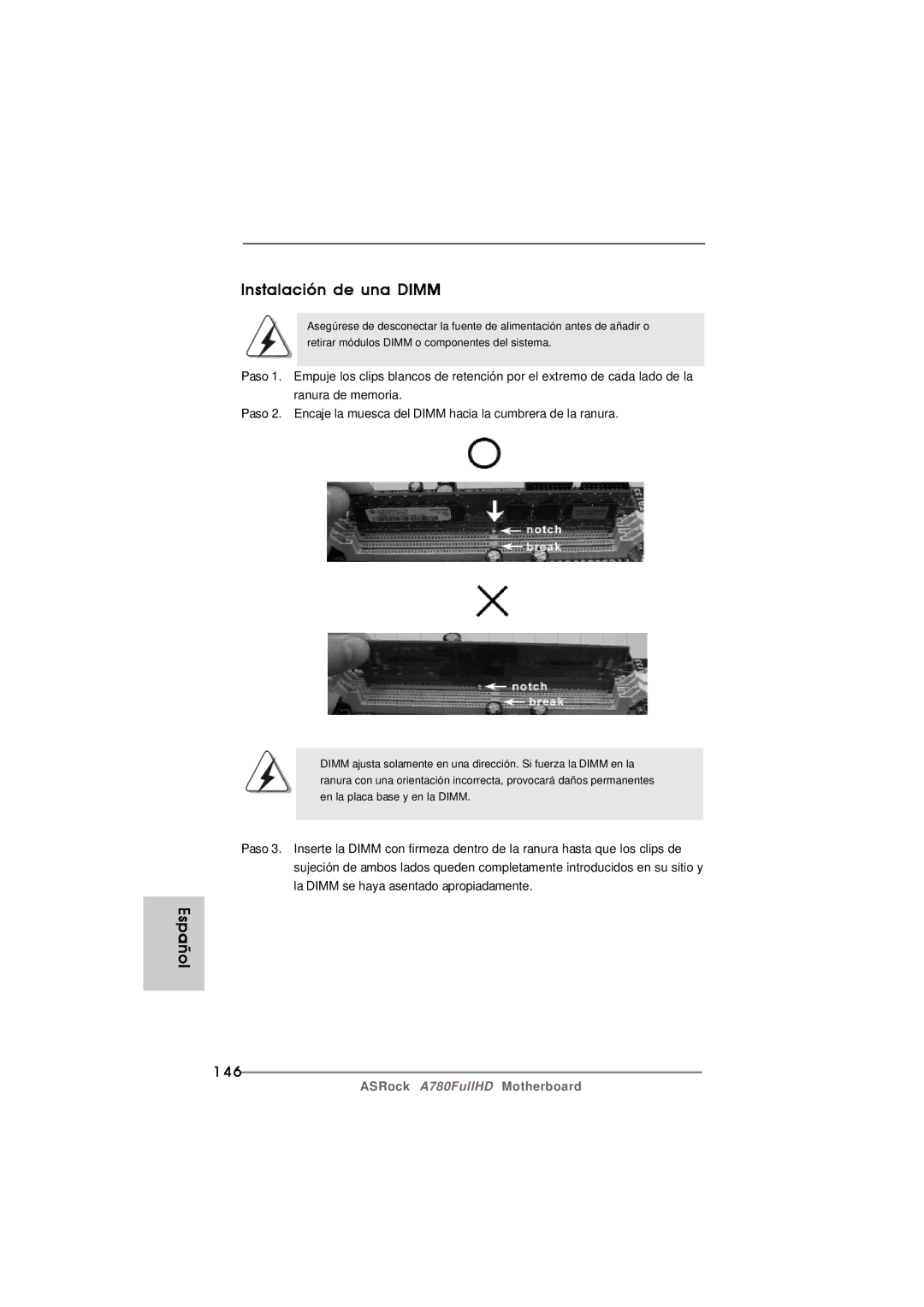 Century A780FULLHD specifications Instalación de una Dimm, 146 