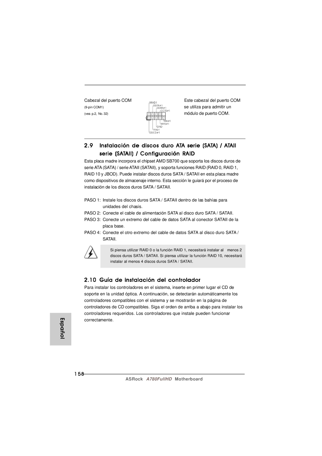 Century A780FULLHD 10 Guía de instalación del controlador, 158, Cabezal del puerto COM, Se utiliza para admitir un 