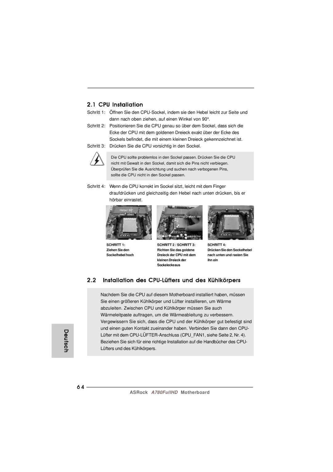 Century A780FULLHD specifications Deutsch CPU Installation, Installation des CPU-Lüfters und des Kühlkörpers 