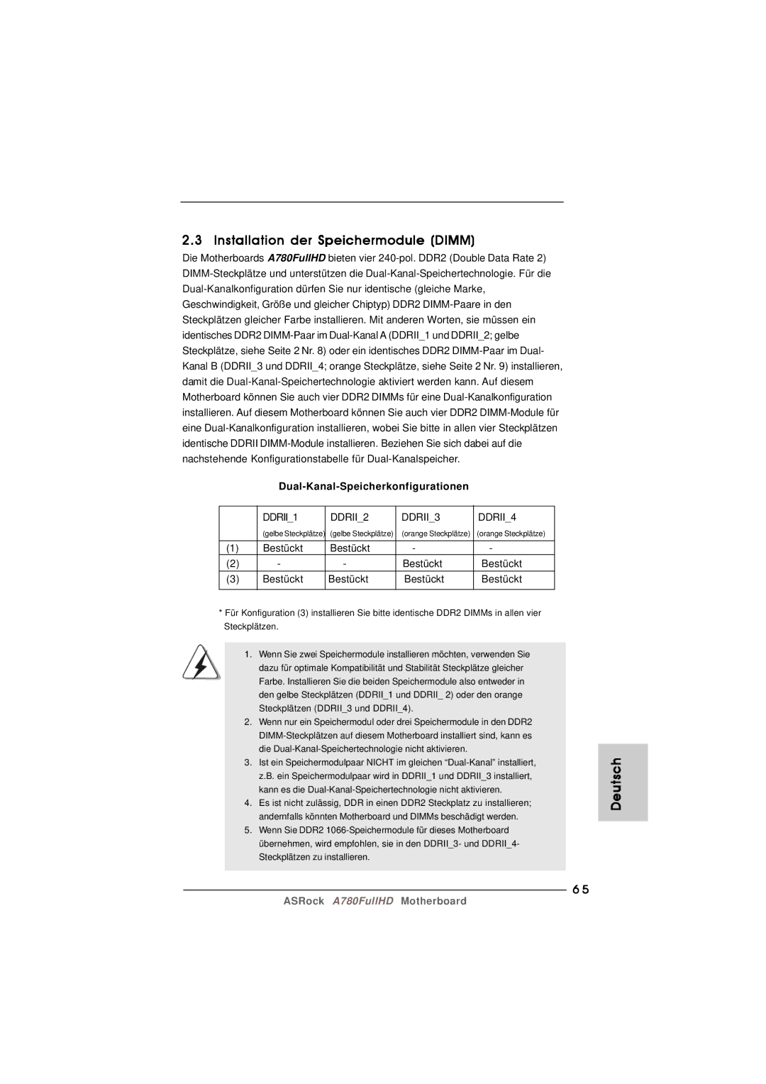 Century A780FULLHD specifications Installation der Speichermodule Dimm, Dual-Kanal-Speicherkonfigurationen, Bestückt 