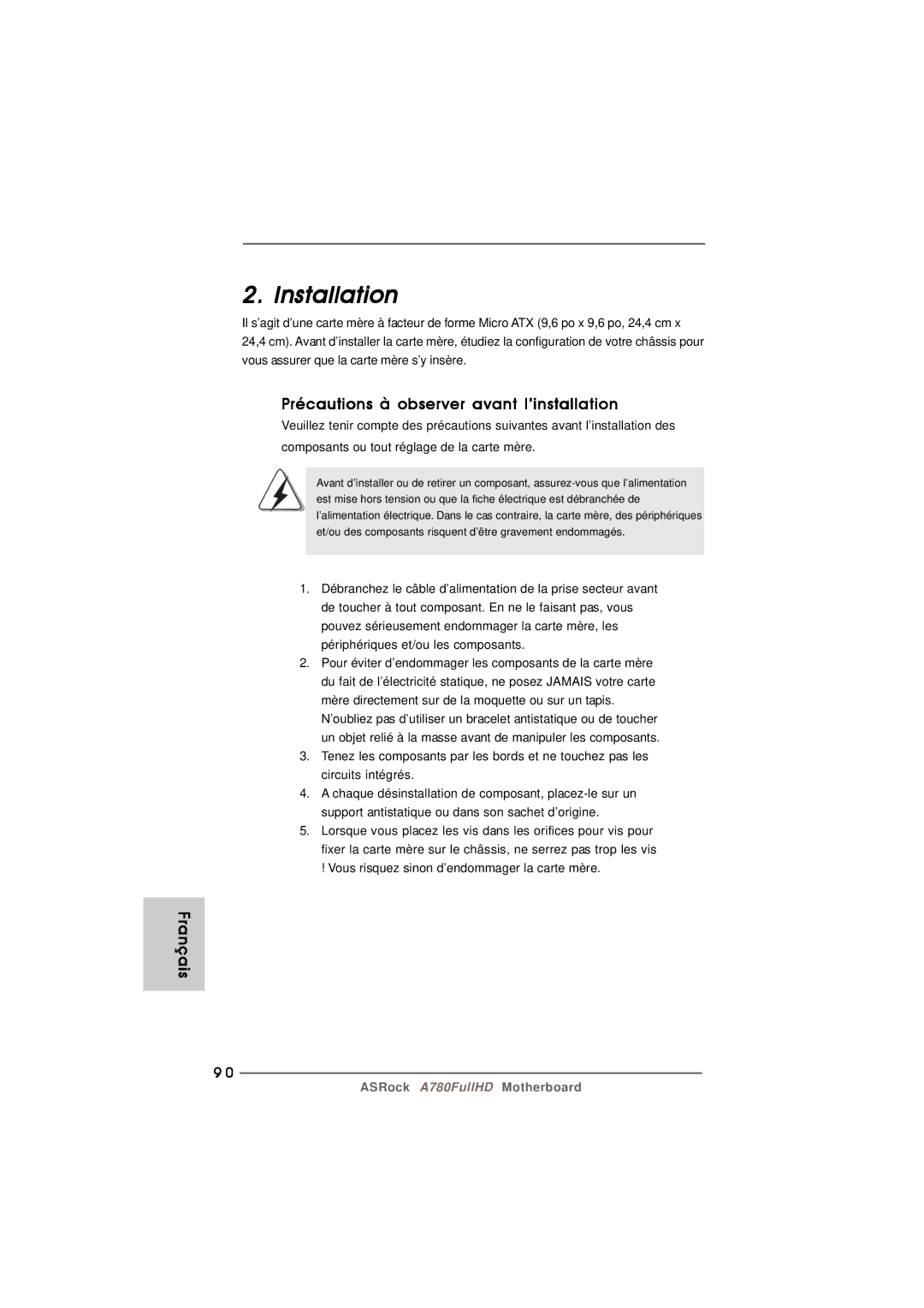 Century A780FULLHD specifications Installation, Précautions à observer avant l’installation 