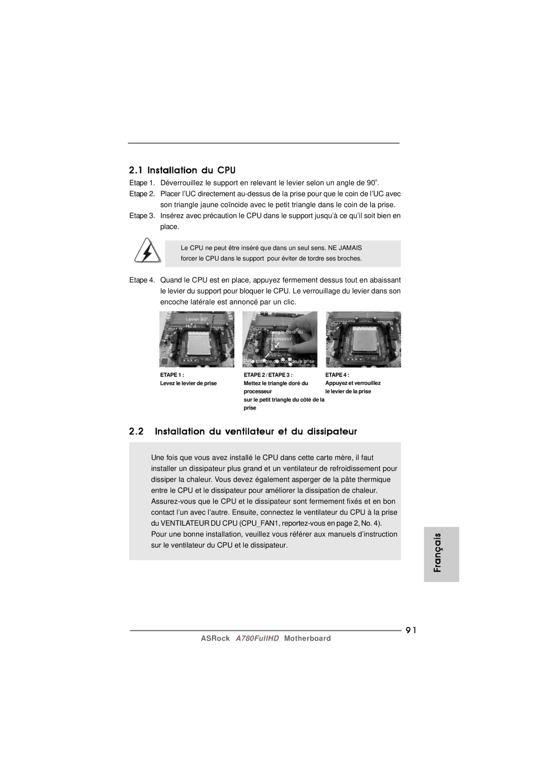 Century A780FULLHD specifications Installation du CPU, Installation du ventilateur et du dissipateur, Place 