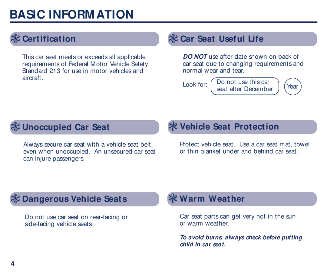 Century Avanta manual Basic Information, Certification, Car Seat Useful Life, Unoccupied Car Seat Vehicle Seat Protection 