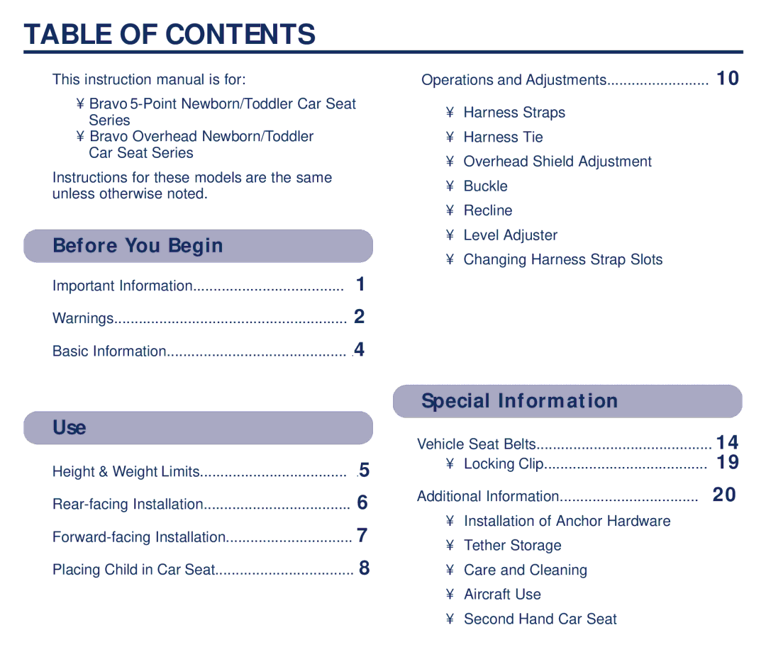 Century Bravo manual Table of Contents 