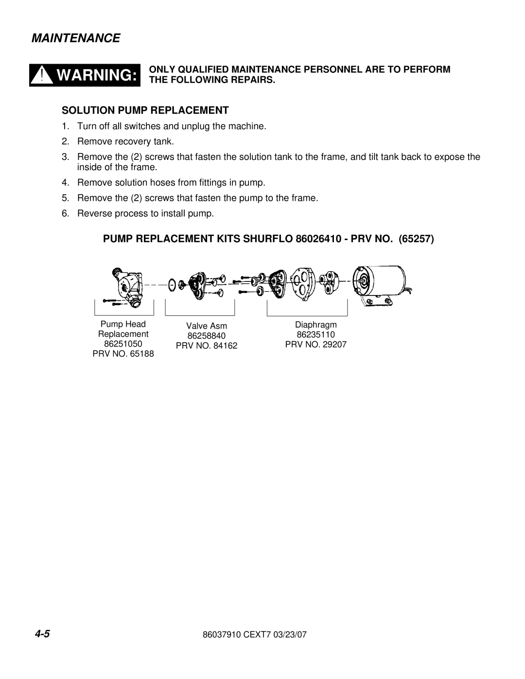 Century CEXT7 manual Solution Pump Replacement, Pump Replacement Kits Shurflo 86026410 PRV no 