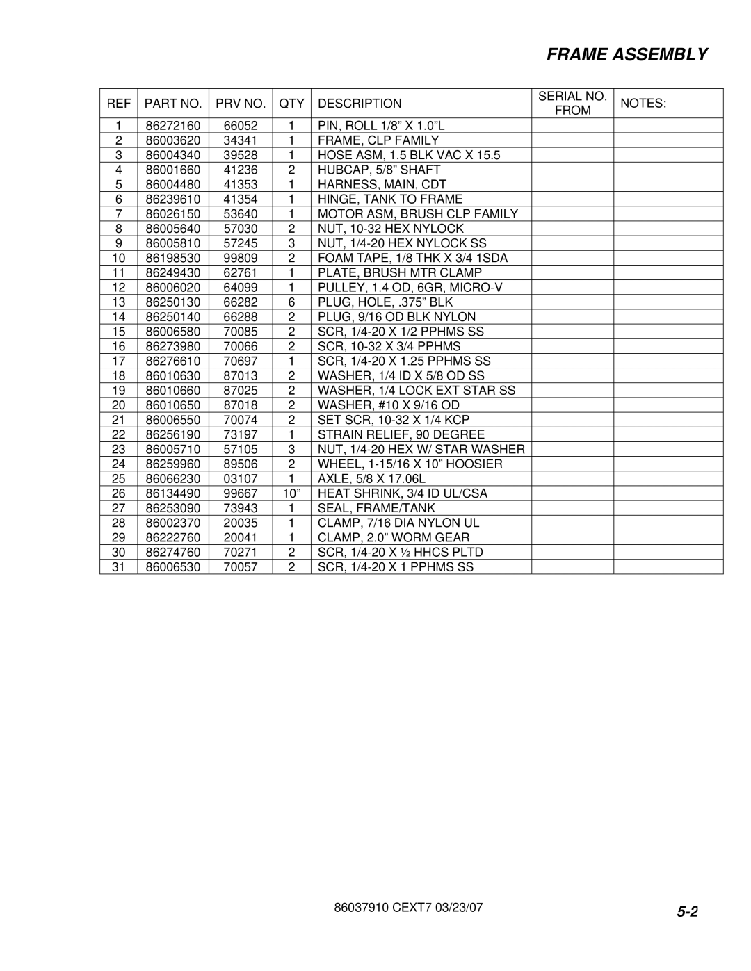 Century CEXT7 manual PRV no QTY Description Serial no From, FRAME, CLP Family, HUBCAP, 5/8 Shaft, Harness, Main, Cdt 