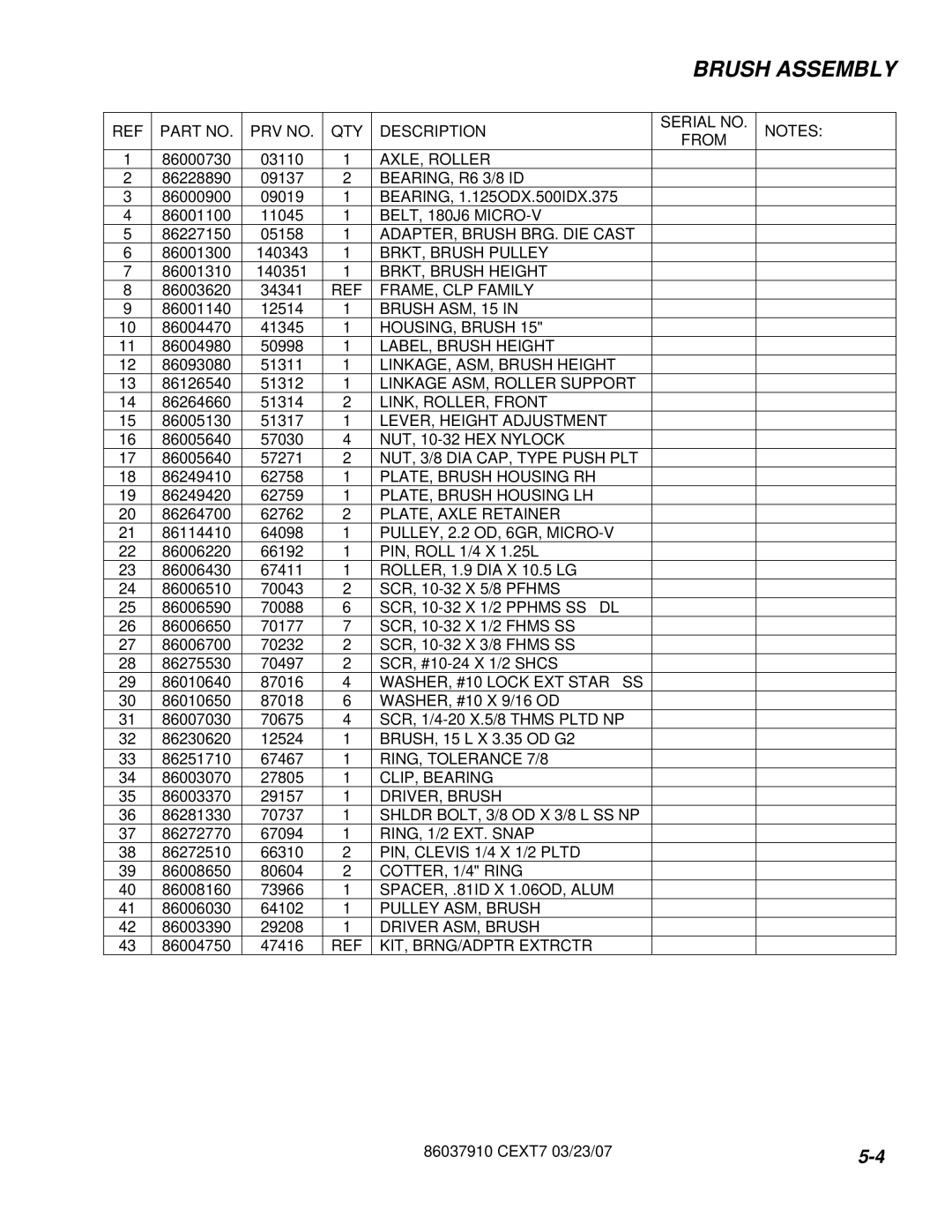 Century CEXT7 AXLE, Roller, BEARING, R6 3/8 ID, BELT, 180J6 MICRO-V, ADAPTER, Brush BRG. DIE Cast, BRKT, Brush Pulley 