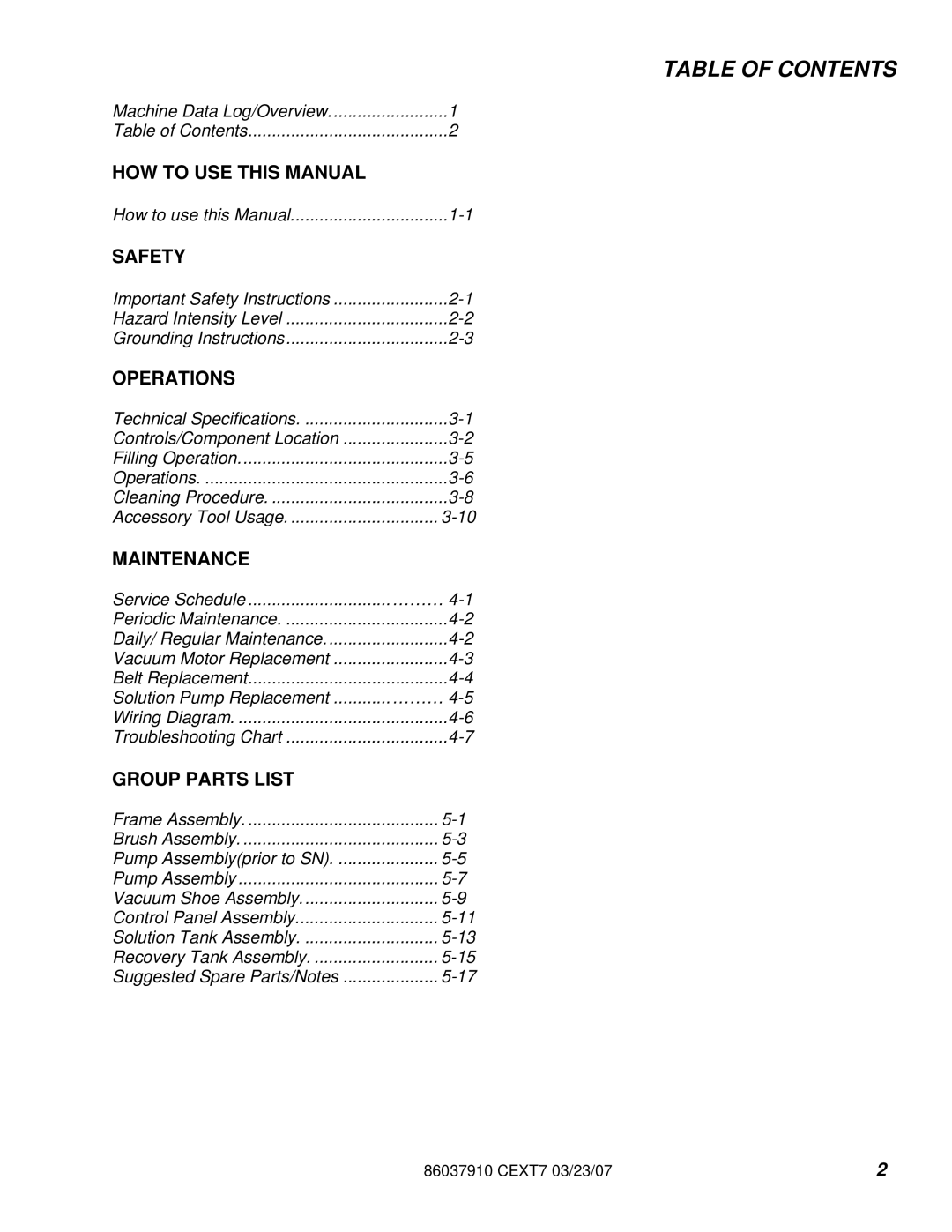 Century CEXT7 manual Table of Contents 