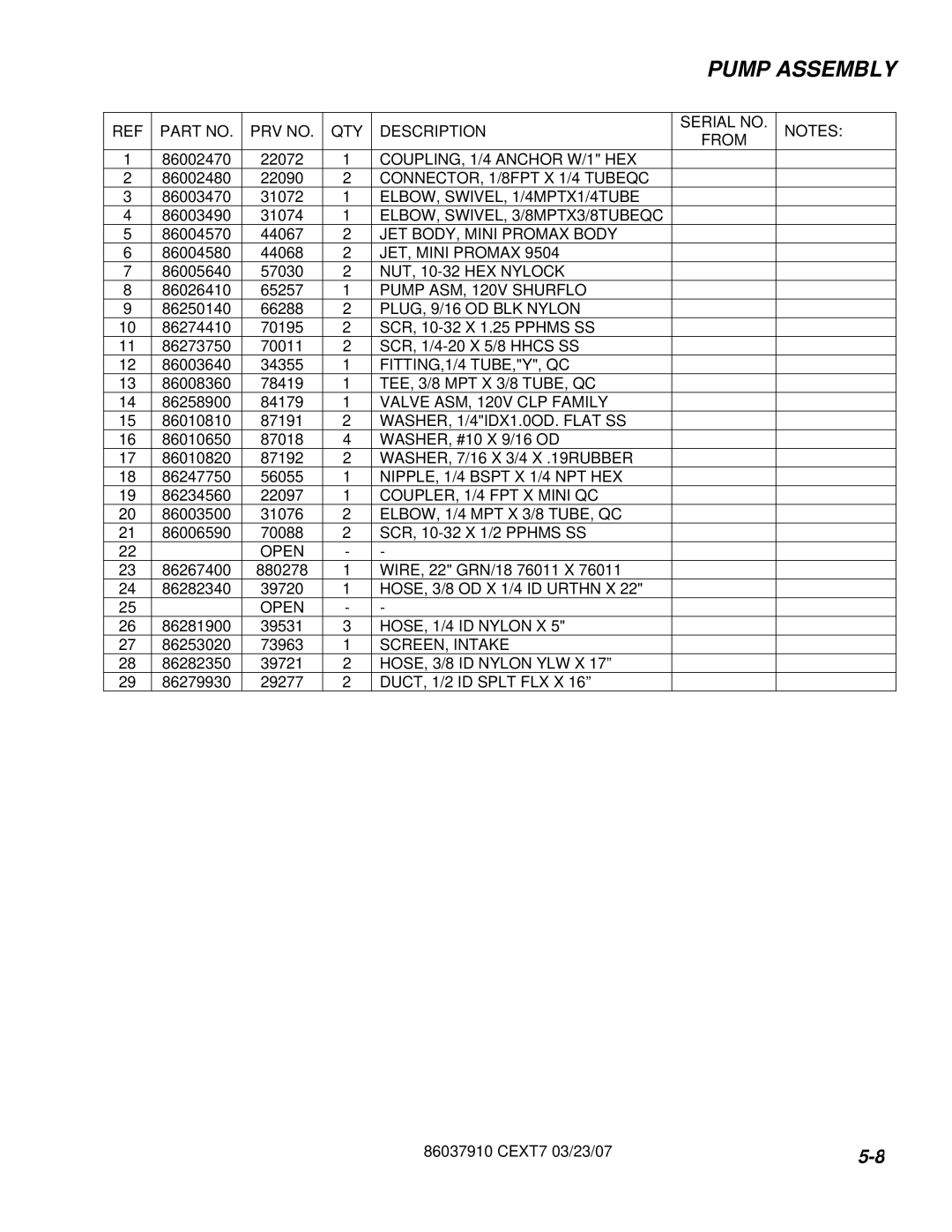 Century CEXT7 manual ELBOW, SWIVEL, 3/8MPTX3/8TUBEQC, Pump ASM, 120V Shurflo, Valve ASM, 120V CLP Family, Open 