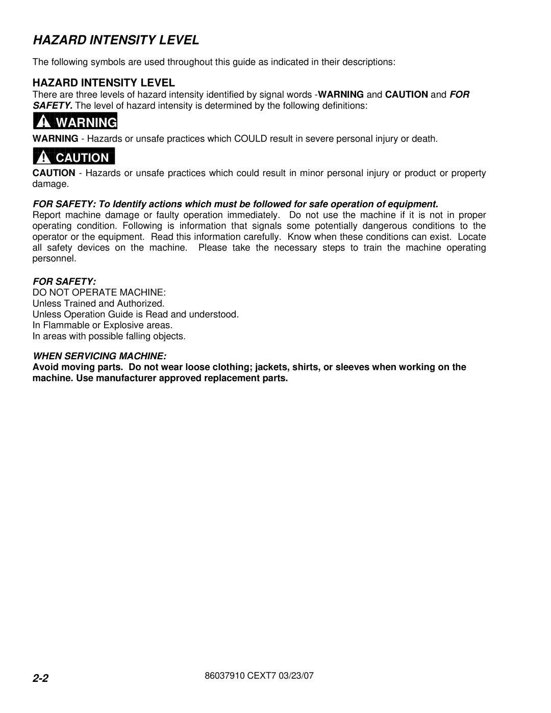 Century CEXT7 manual Hazard Intensity Level 