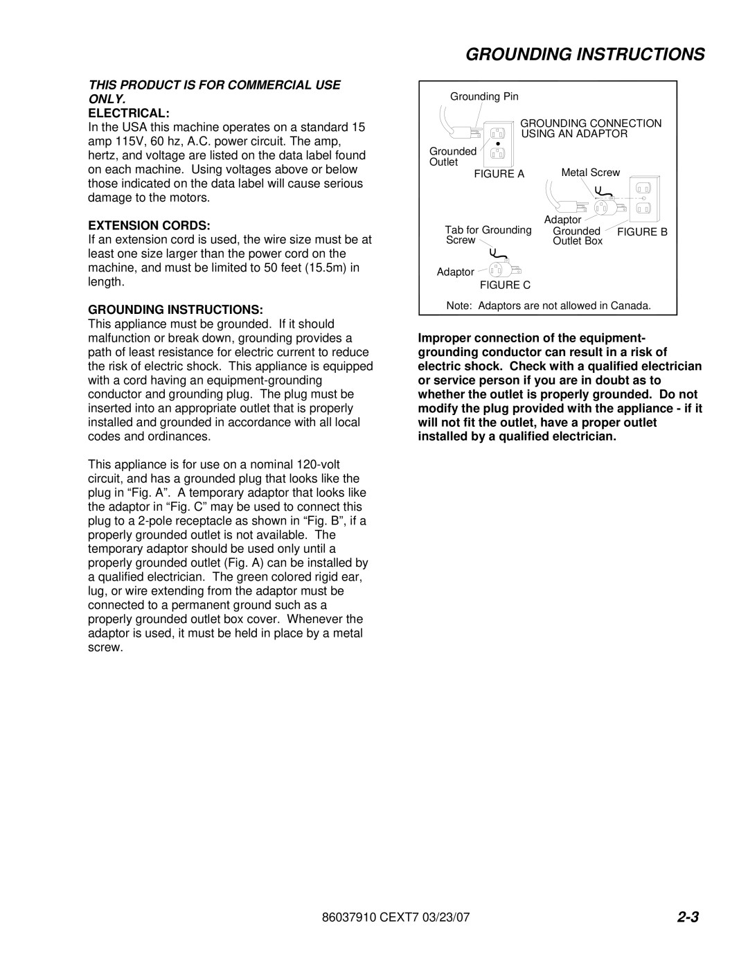 Century CEXT7 manual Grounding Instructions, This Product is for Commercial USE only 