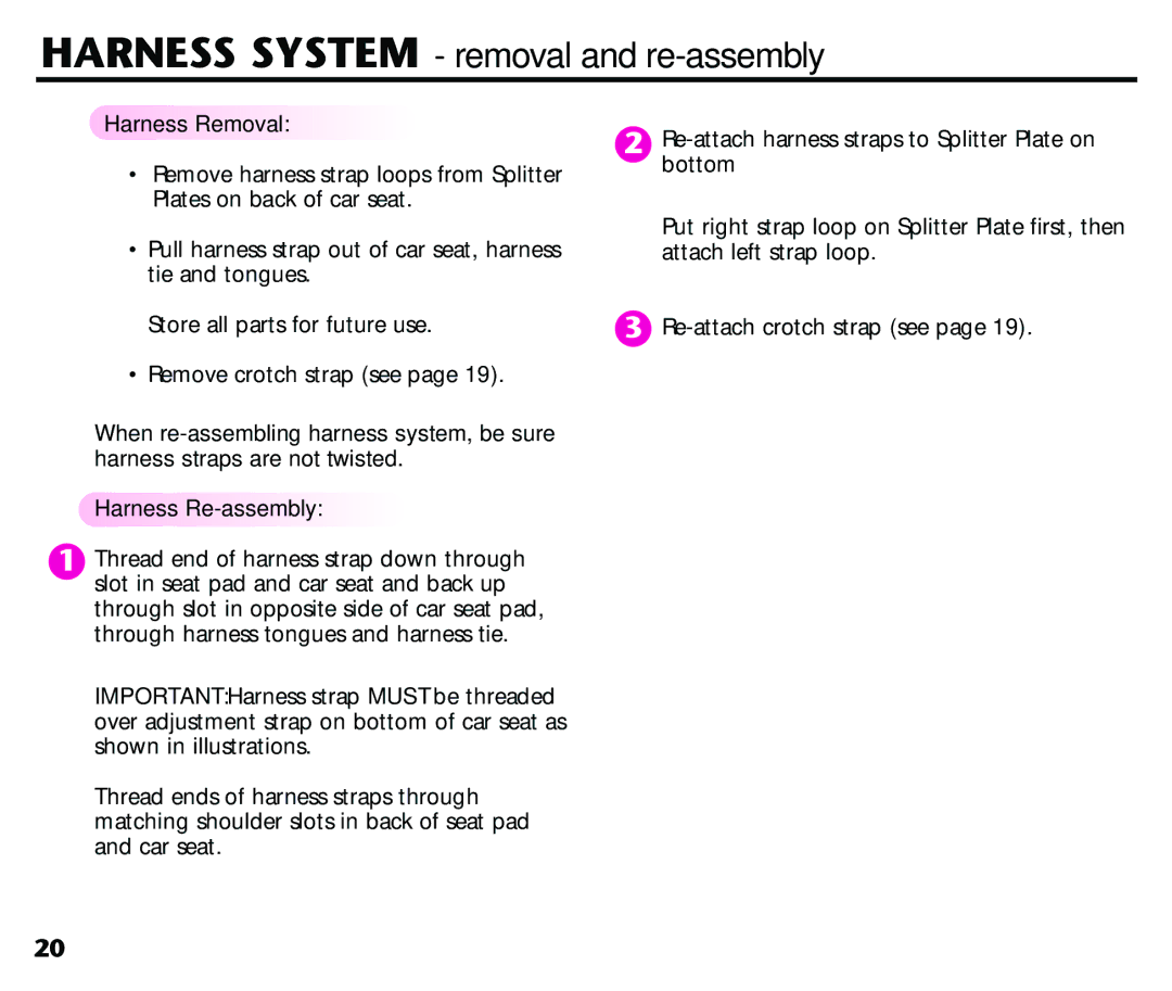 Century Deluxe Series instruction manual Harness System removal and re-assembly, Harness Removal 