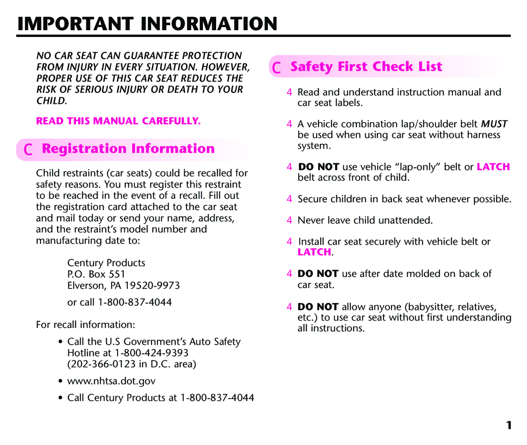 Century Deluxe Series instruction manual Important Information, Registration Information, Safety First Check List 