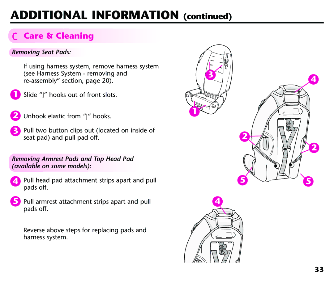 Century Deluxe Series instruction manual Care & Cleaning, Removing Seat Pads 