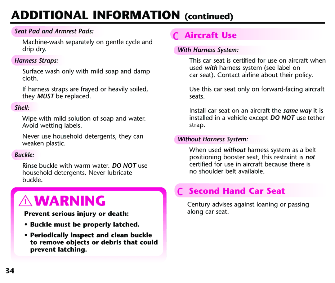 Century Deluxe Series instruction manual Aircraft Use, Seat Pad and Armrest Pads, Harness Straps, Shell 