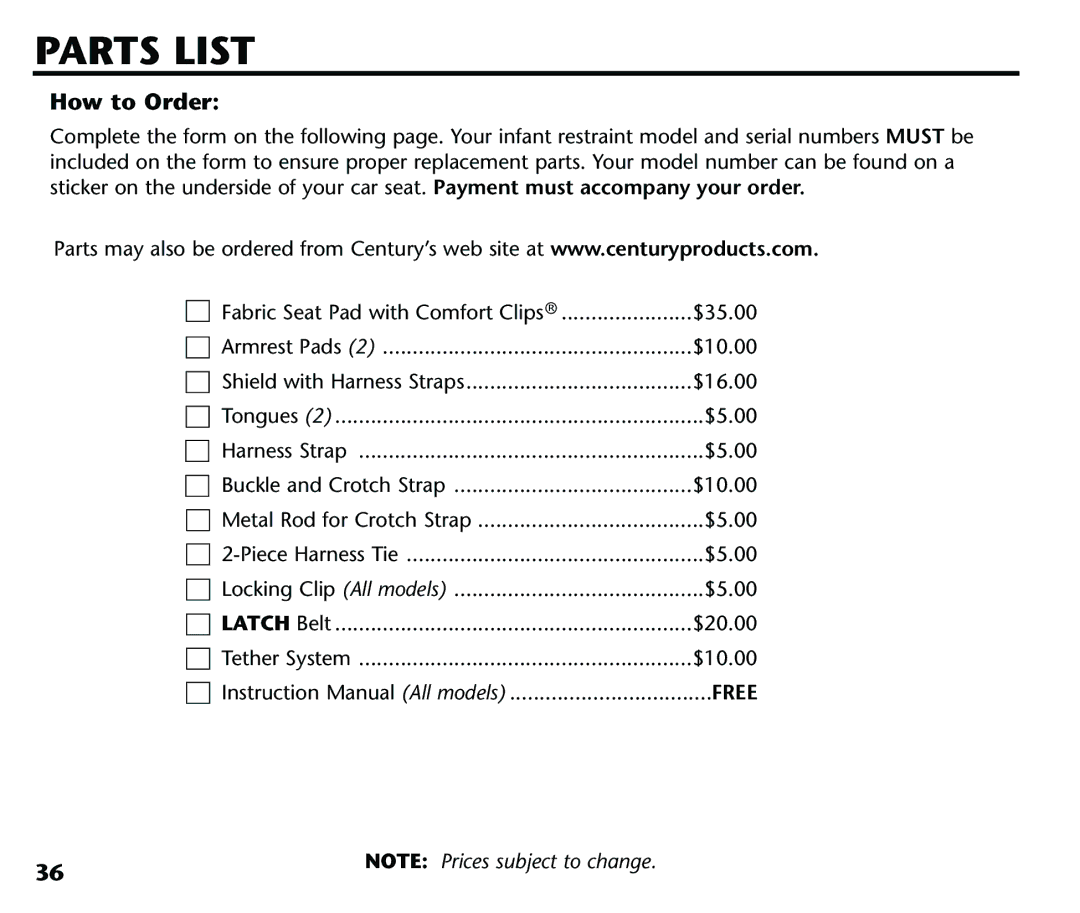 Century Deluxe Series instruction manual Parts List, How to Order 