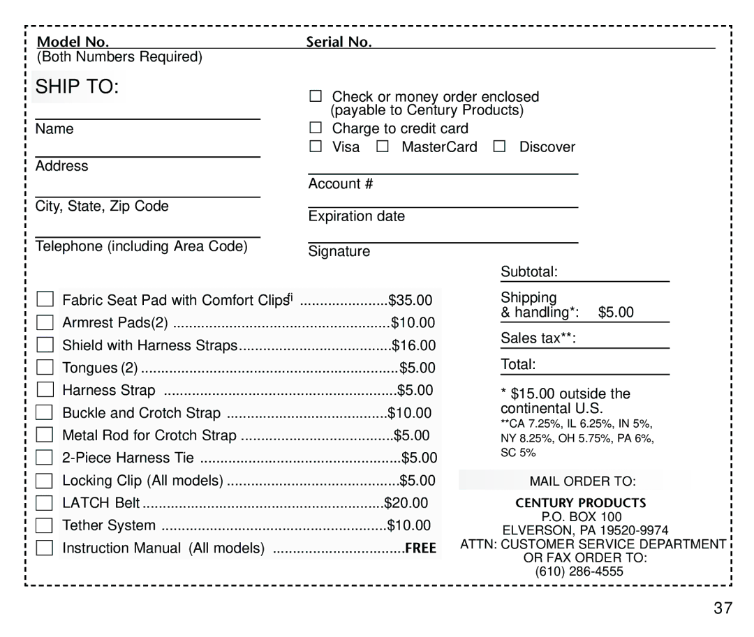 Century Deluxe Series instruction manual Ship to, Both Numbers Required 