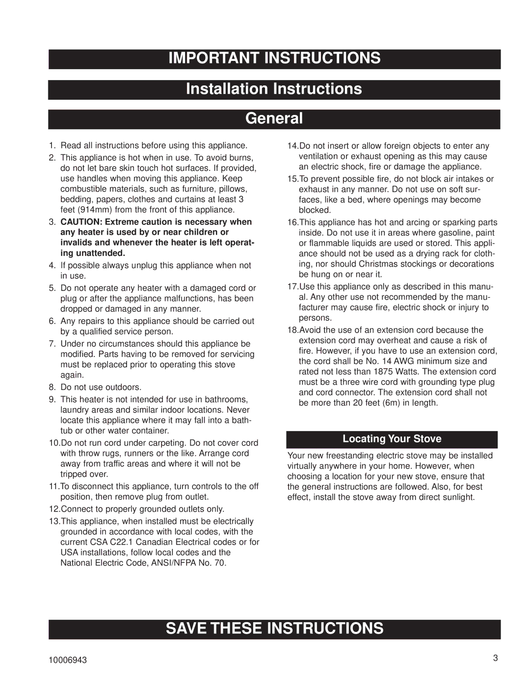 Century HES60 installation instructions Installation Instructions General, Locating Your Stove 