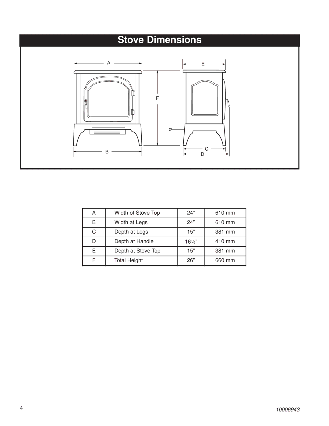 Century HES60 installation instructions Stove Dimensions 