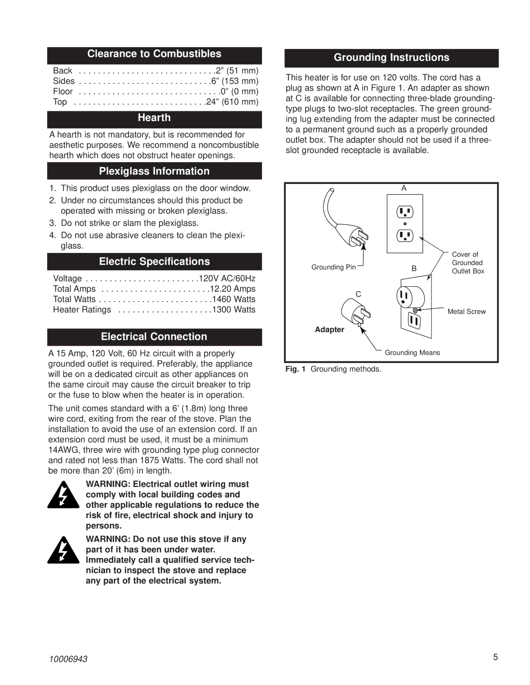 Century HES60 Clearance to Combustibles, Hearth, Plexiglass Information, Electric Specifications, Electrical Connection 