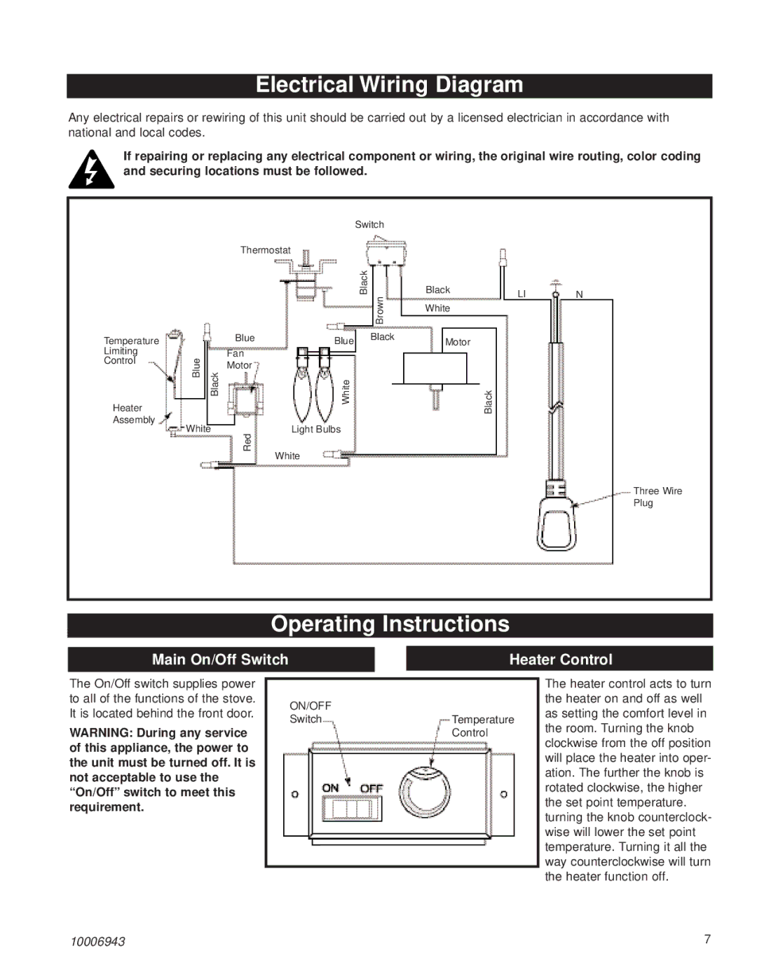 Century HES60 Electrical Wiring Diagram, Operating Instructions, Main On/Off Switch Heater Control 