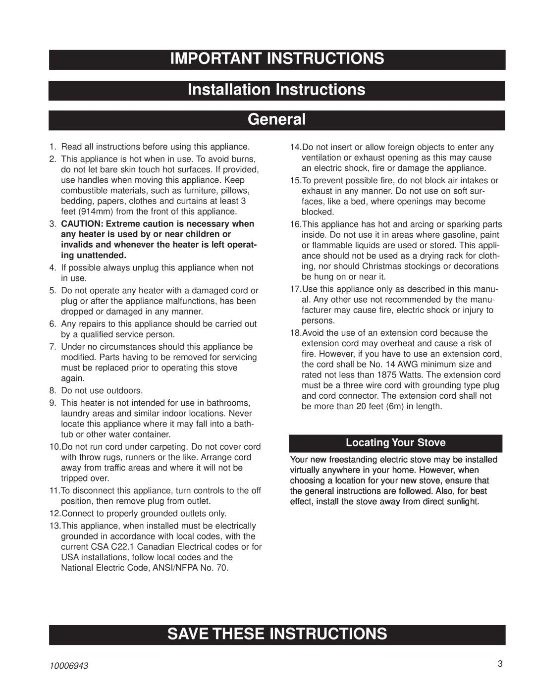 Century HES60 IMPORTANT INSTRUCTIONS Installation Instructions General, Save These Instructions, Locating Your Stove 
