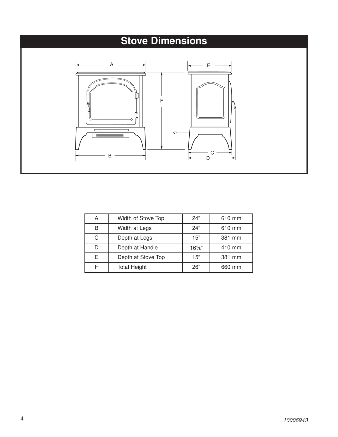 Century HES60 installation instructions Stove Dimensions, 10006943, E F C D 