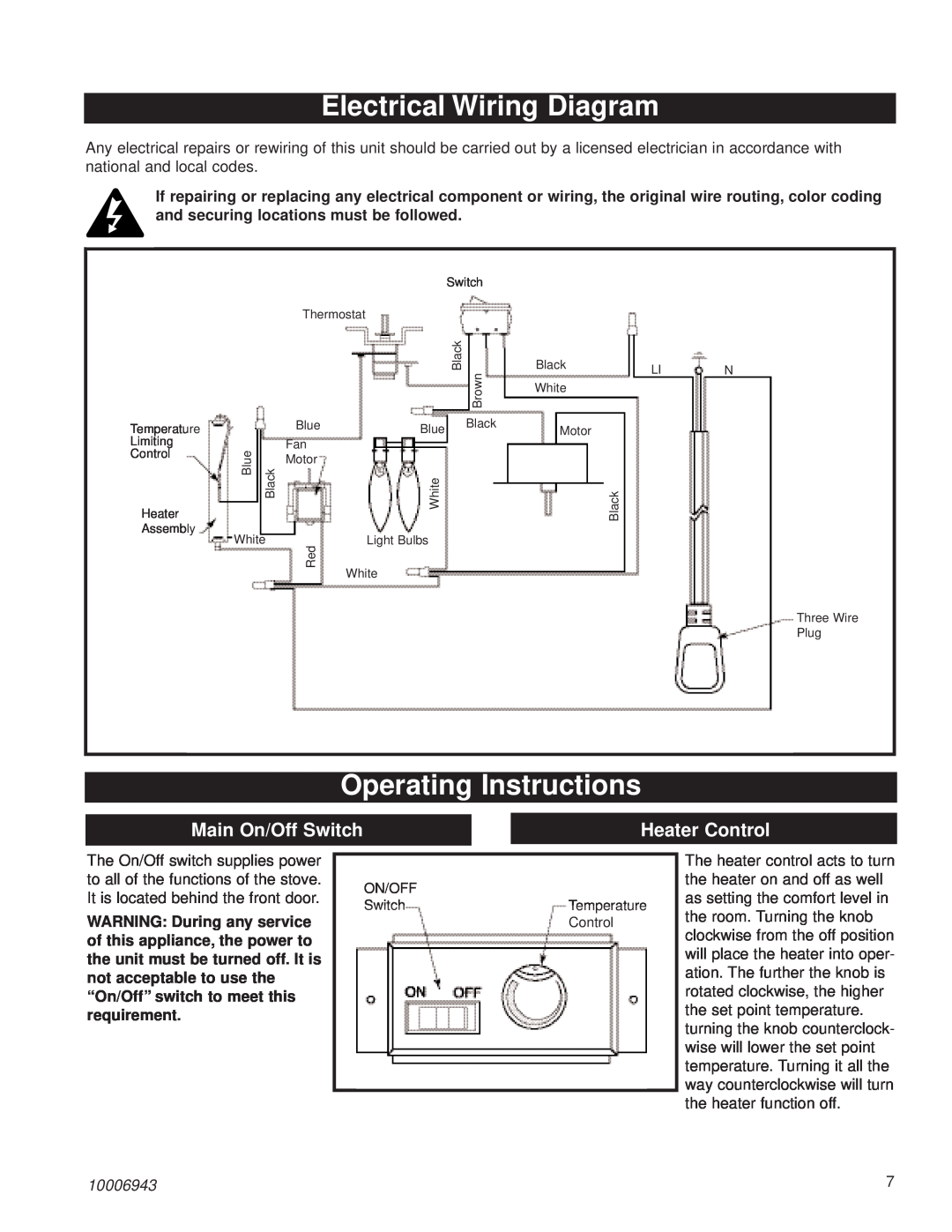 Century HES60 Electrical Wiring Diagram, Operating Instructions, Main On/Off Switch, Heater Control, 10006943 
