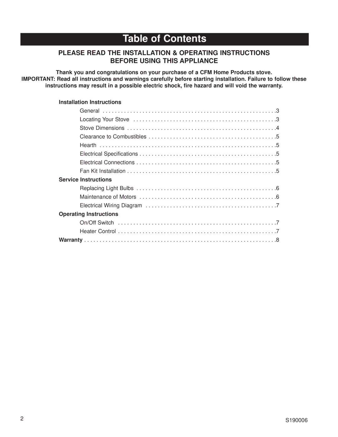 Century HES80 installation instructions Table of Contents 