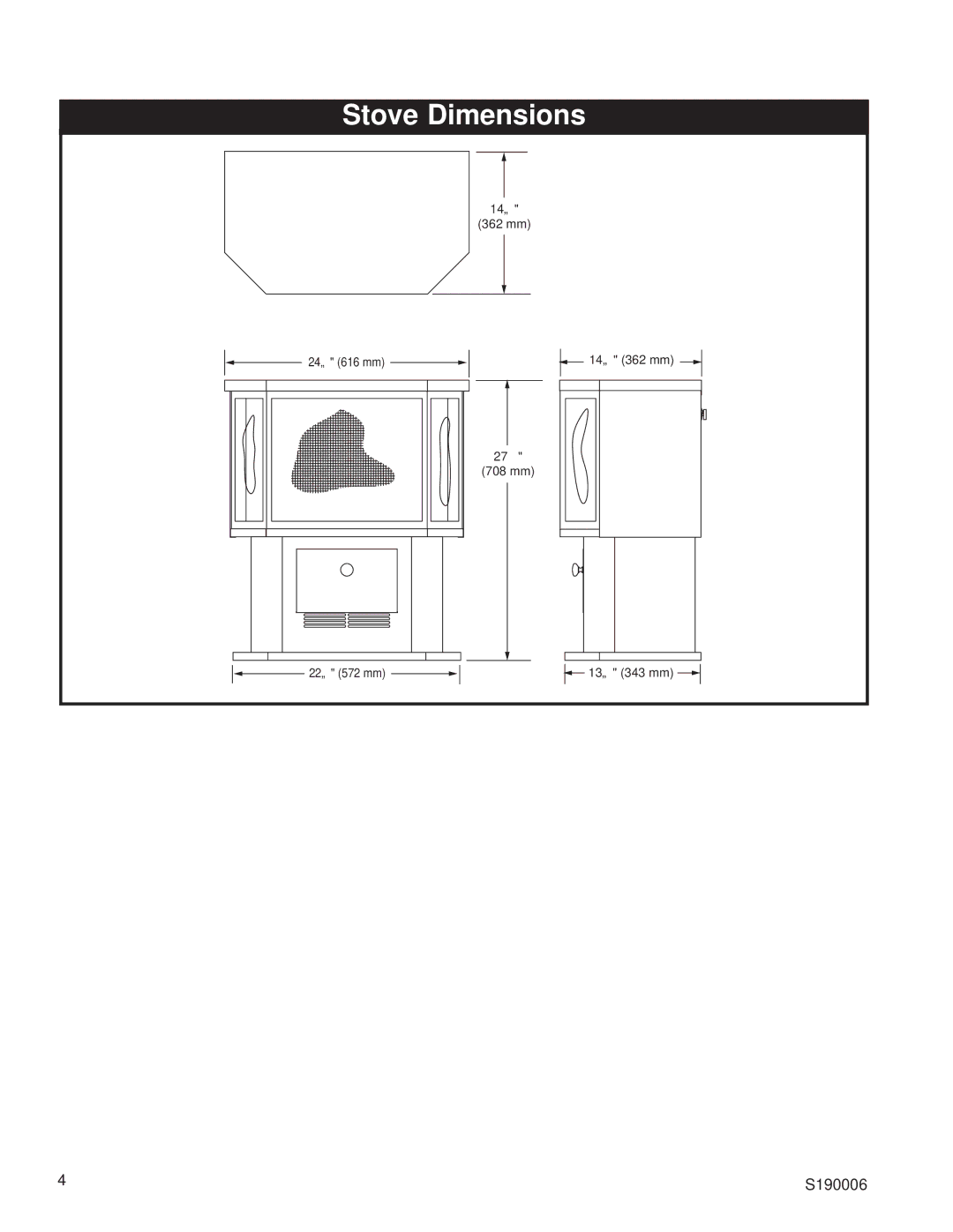 Century HES80 installation instructions Stove Dimensions 