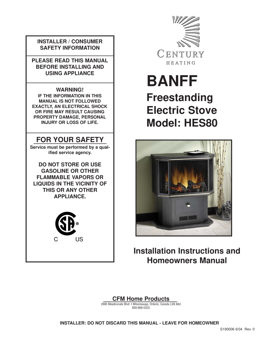 Century HES80 installation instructions Safety Information, Please Read This Manual, Do Not Store Or Use, Appliance, Banff 