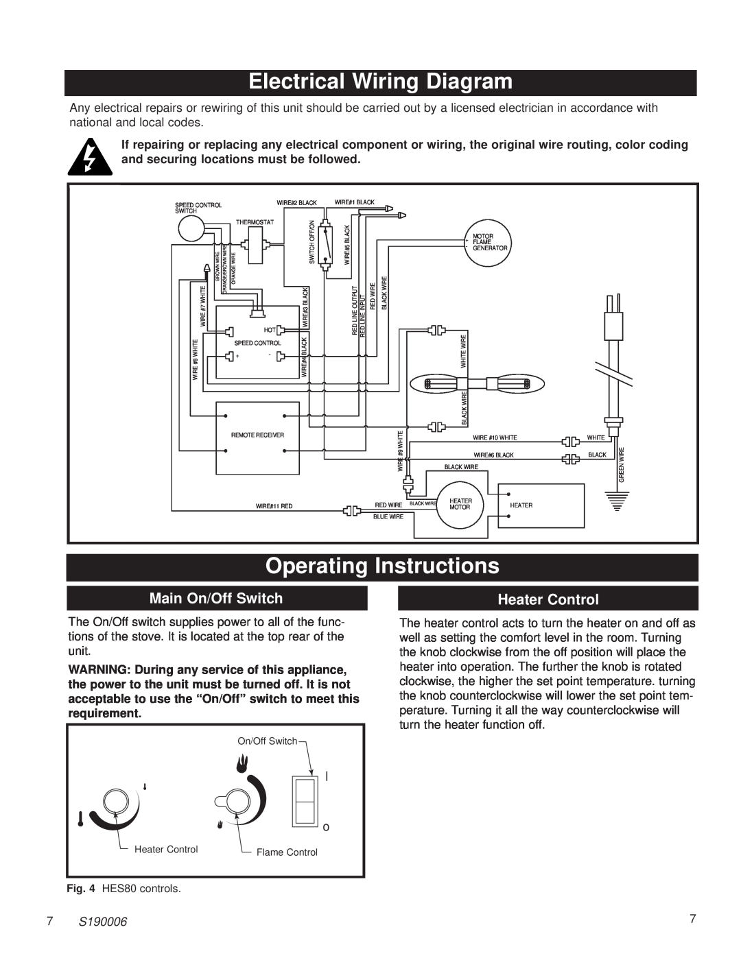 Century HES80 Electrical Wiring Diagram, Operating Instructions, Main On/Off Switch, Heater Control, S190006 