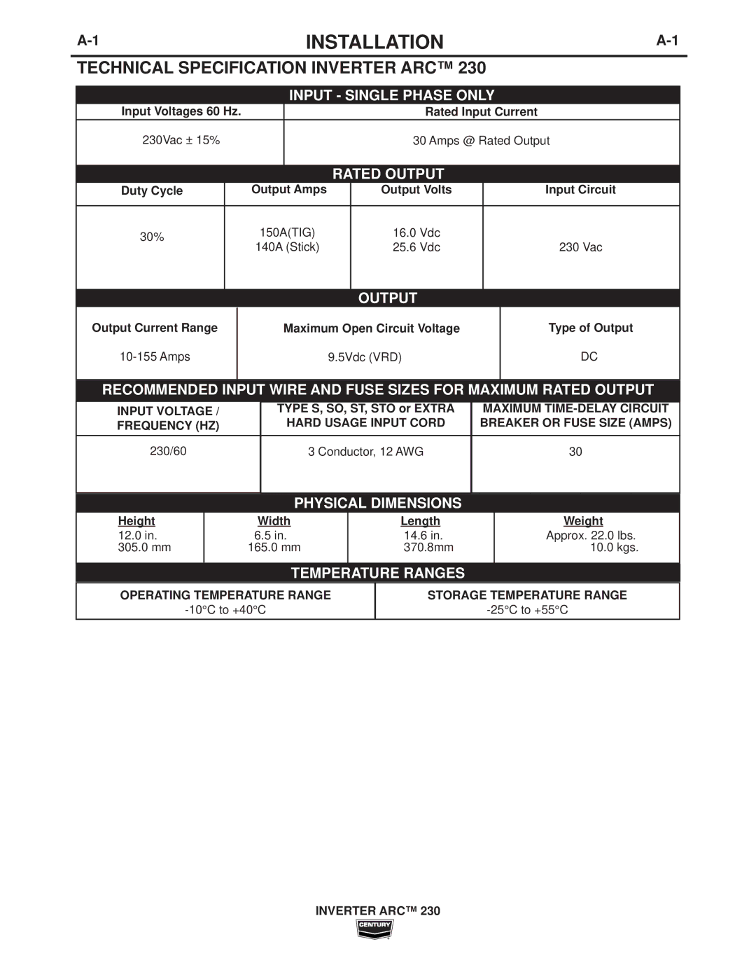 Century IM10008 manual Installation, Technical Specification Inverter ARC 