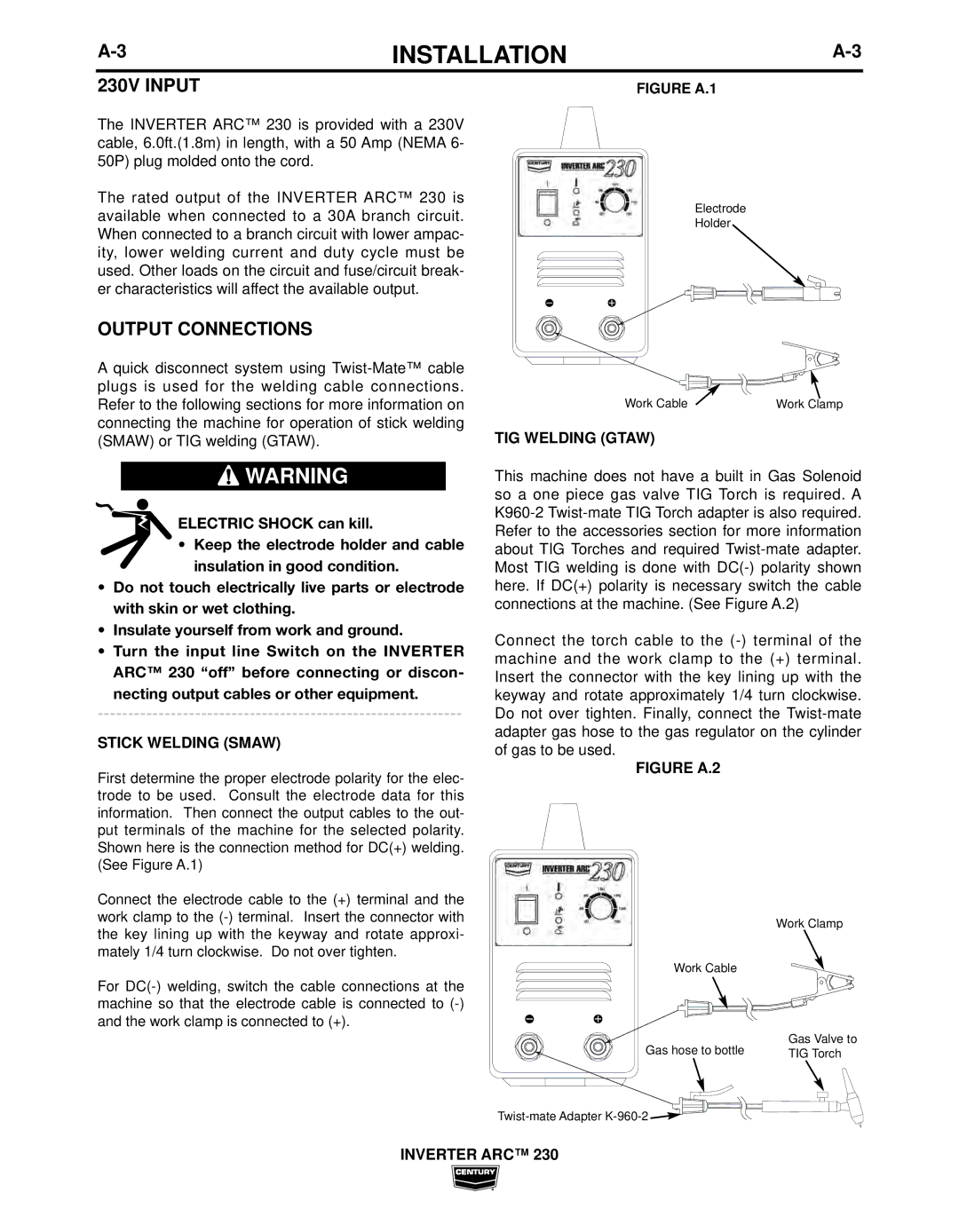 Century IM10008 manual 230V Input, Output Connections, Stick Welding Smaw, TIG Welding Gtaw 