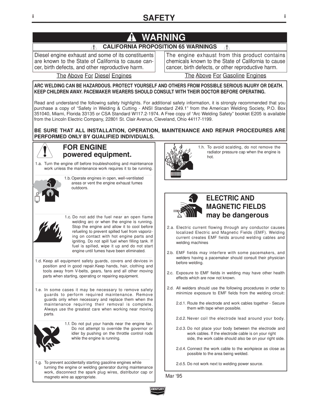 Century IM10008 manual Safety, California Proposition 65 Warnings 