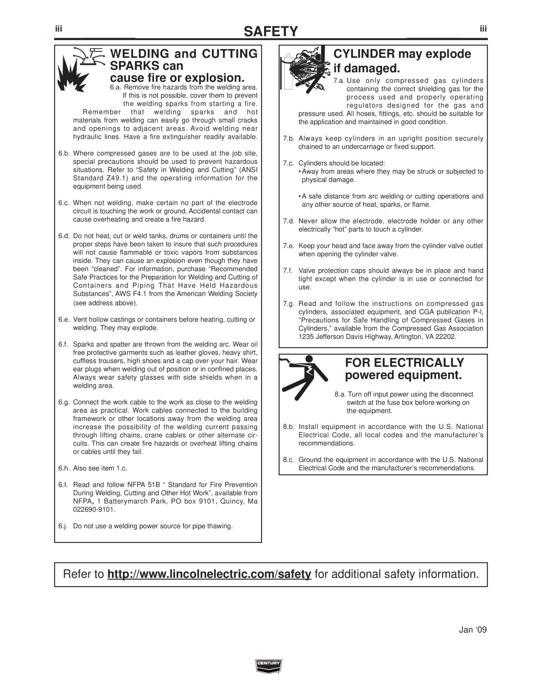 Century IM10008 manual Welding and Cutting Sparks can Cause fire or explosion 