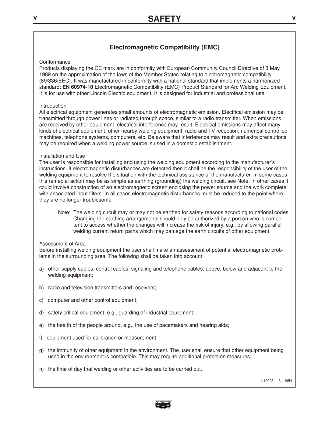 Century IM10008 manual Electromagnetic Compatibility EMC 