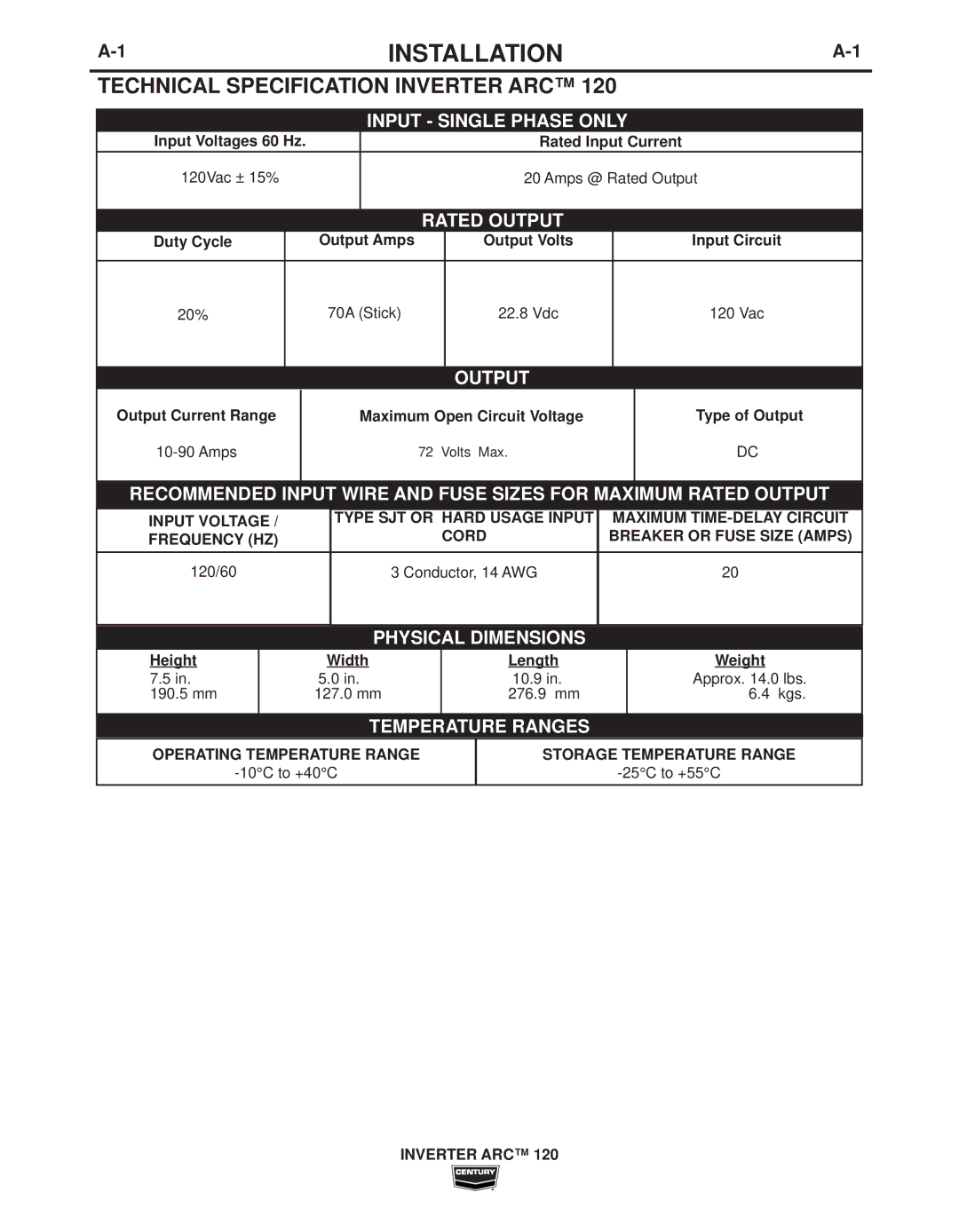 Century IM998 Installation, Technical Specification Inverter ARC, Operating Temperature Range, Storage Temperature Range 