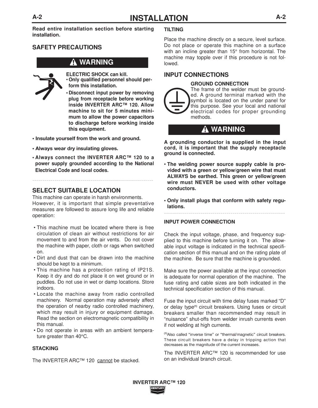 Century IM998 manual Safety Precautions, Select Suitable Location, Input Connections 